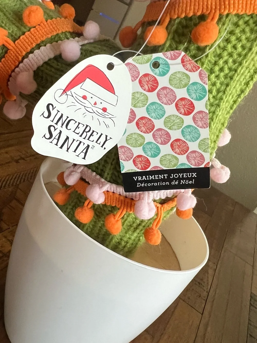 Handmade Green Knit Cactus Accent with Orange and Pink Pom-Poms